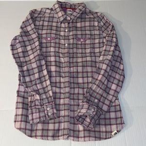 The North Face Women’s Medium Long Sleeve Button Up Gray And Purple Plaid Shirt